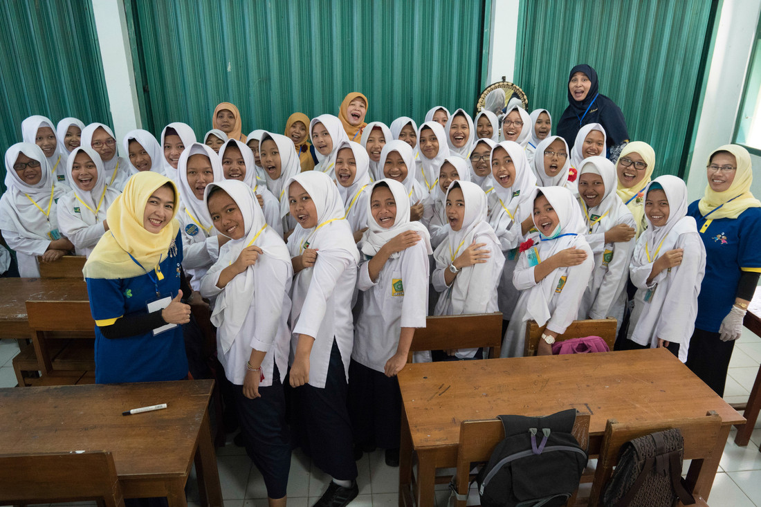 Students at a junior high school at the launch of Indonesia’s national measles-rubella immunisation campaign. August 2017. Credit: Gavi/2017/Ardiles Rante.